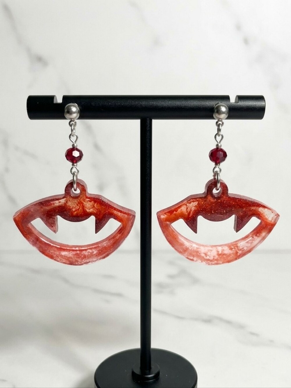 Goth Crimson Resin Vampire Fangs Drop Earrings | Hypoallergenic Ball Post